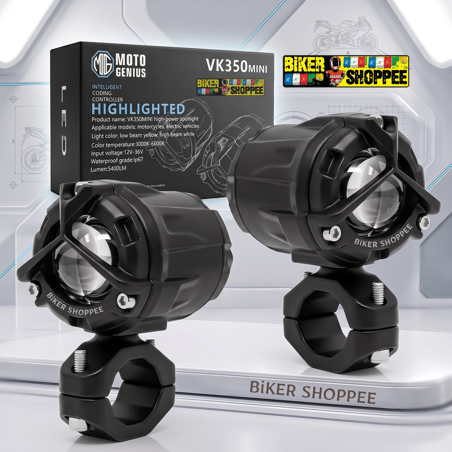 Front view of Moto Genius VK350-MINI 45W LED fog lights with heavy-duty crash guard clamps and retail packaging box available at BIKER SHOPPEE India.