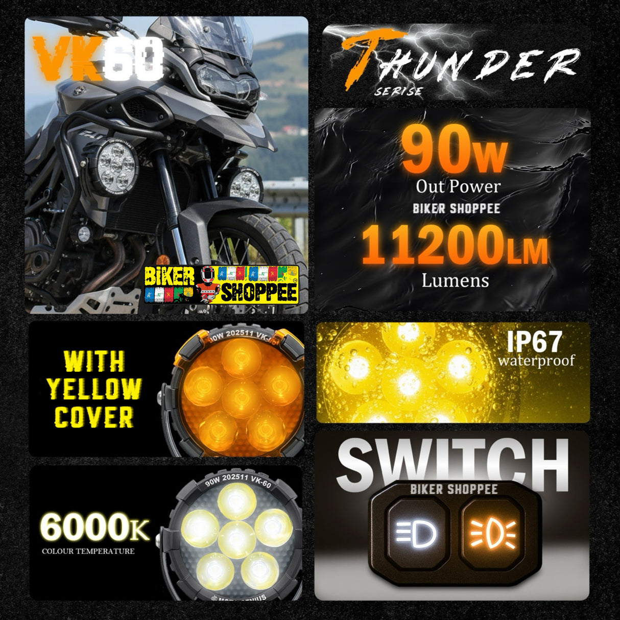 MOTO GENIUS VK60 THUNDER SIX 90W LED FOG LIGHT WITH WIRING HARNESS & LED SWITCH | BIKER SHOPPEE