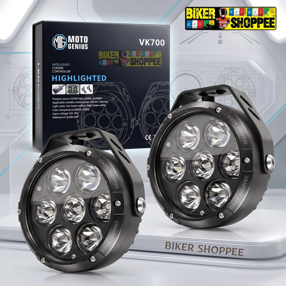 MOTO GENIUS VK700 120W LED FOG LIGHT WITH WIREHARNESS KIT THUNDER DOME 7X | BIKER SHOPPEE