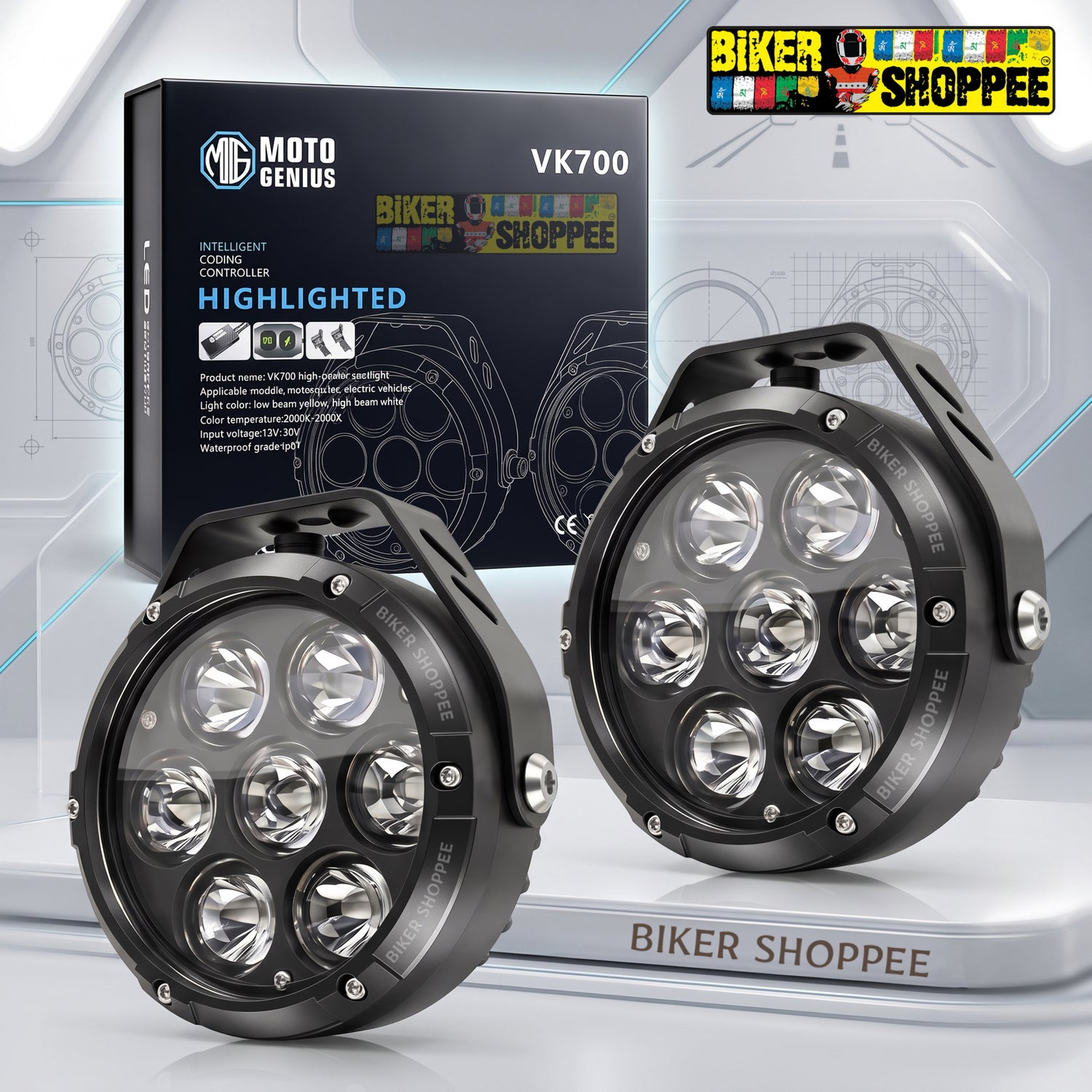MOTO GENIUS VK700 120W LED FOG LIGHT WITH WIREHARNESS KIT THUNDER DOME 7X | BIKER SHOPPEE