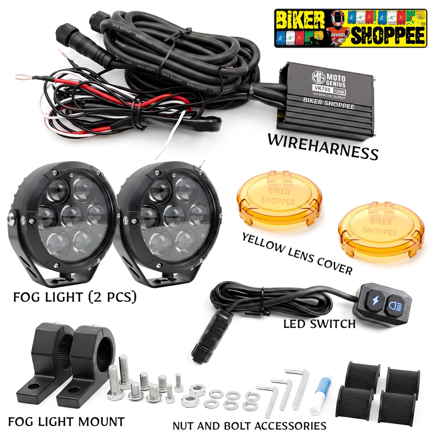 MOTO GENIUS VK700 120W LED FOG LIGHT WITH WIREHARNESS KIT THUNDER DOME 7X | BIKER SHOPPEE