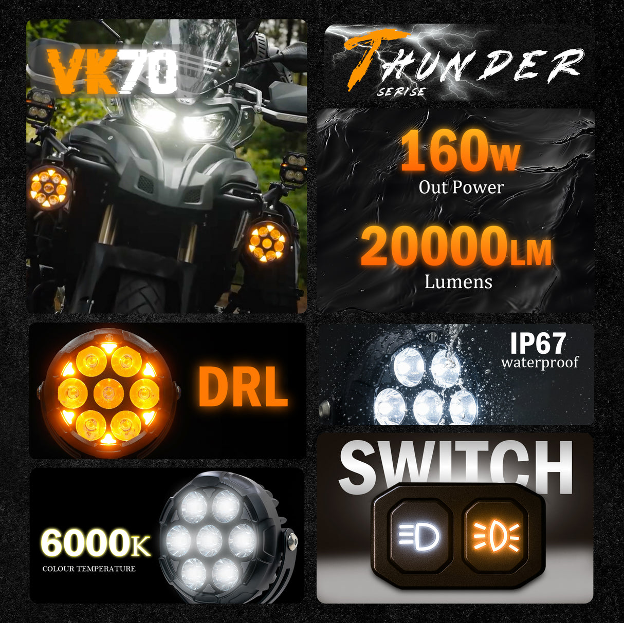 MOTO GENIUS VK70 PRO THUNDER SEVEN 160W LED FOG LIGHT WITH WIRING HARNESS & LED SWITCH | BIKER SHOPPEE