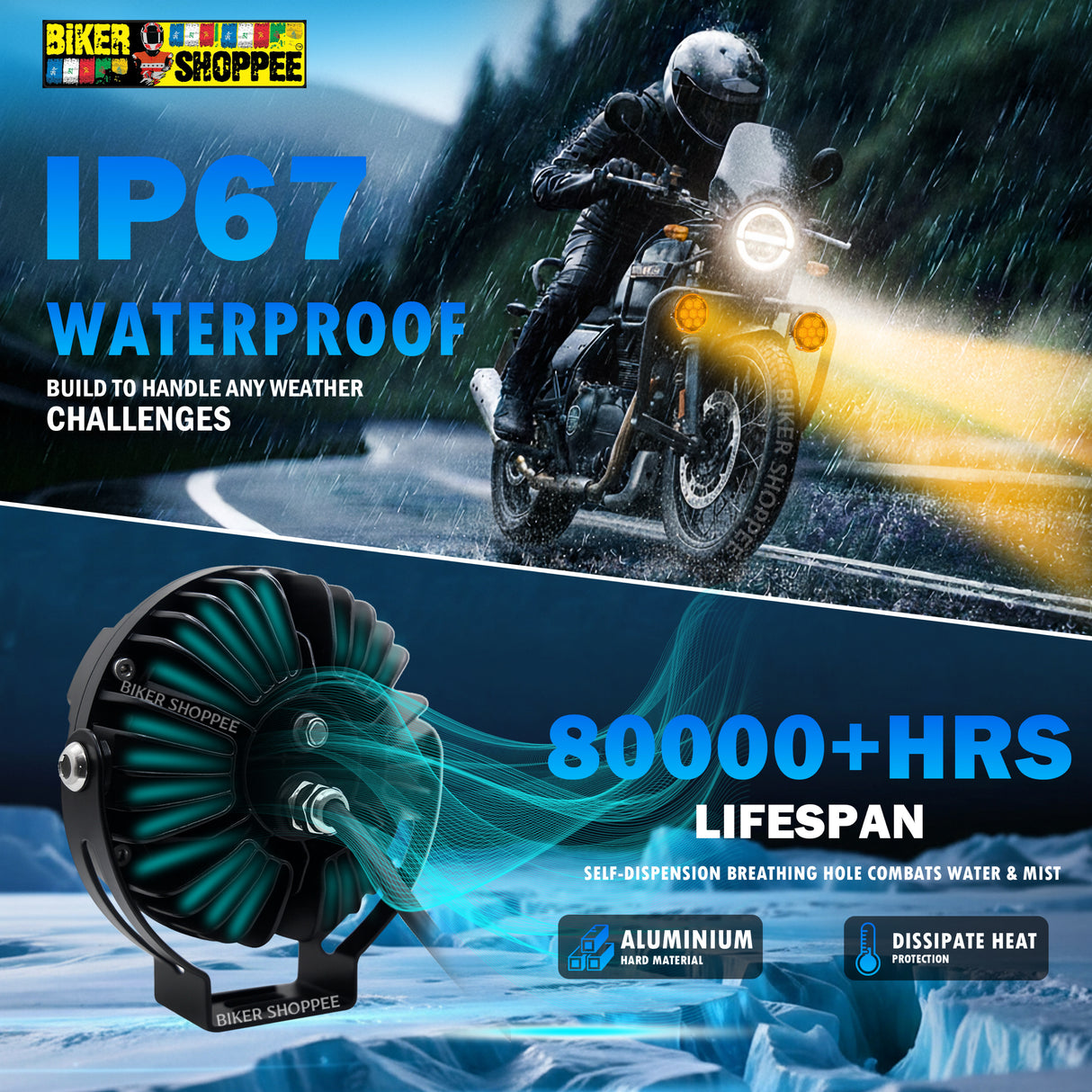 MOTO GENIUS VK70 PRO THUNDER SEVEN 160W LED FOG LIGHT WITH WIRING HARNESS & LED SWITCH | BIKER SHOPPEE