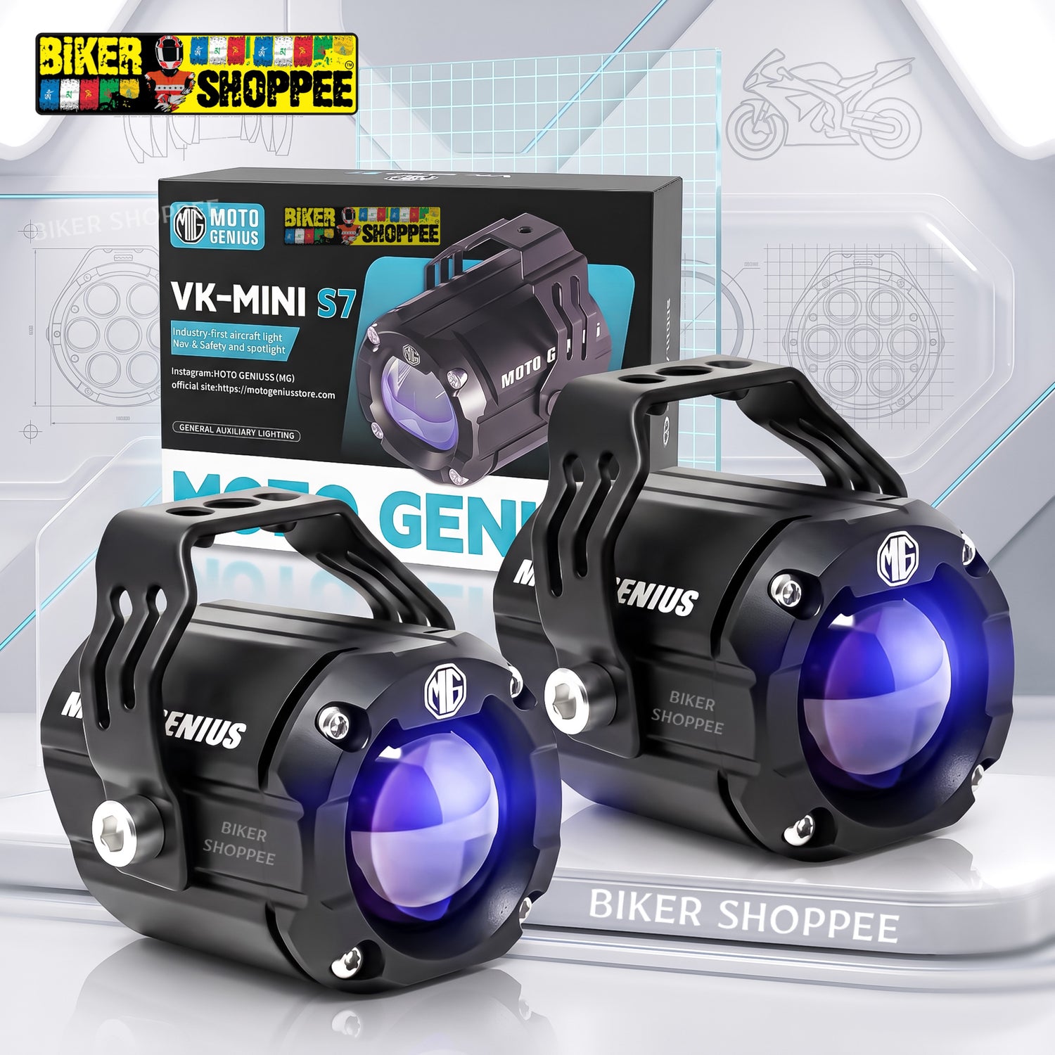 MOTO GENIUS VK-MINI-S7 (70W) LED FOG LIGHT WITH WIREHARNESS KIT BLUE SHADOW | BIKER SHOPPEE