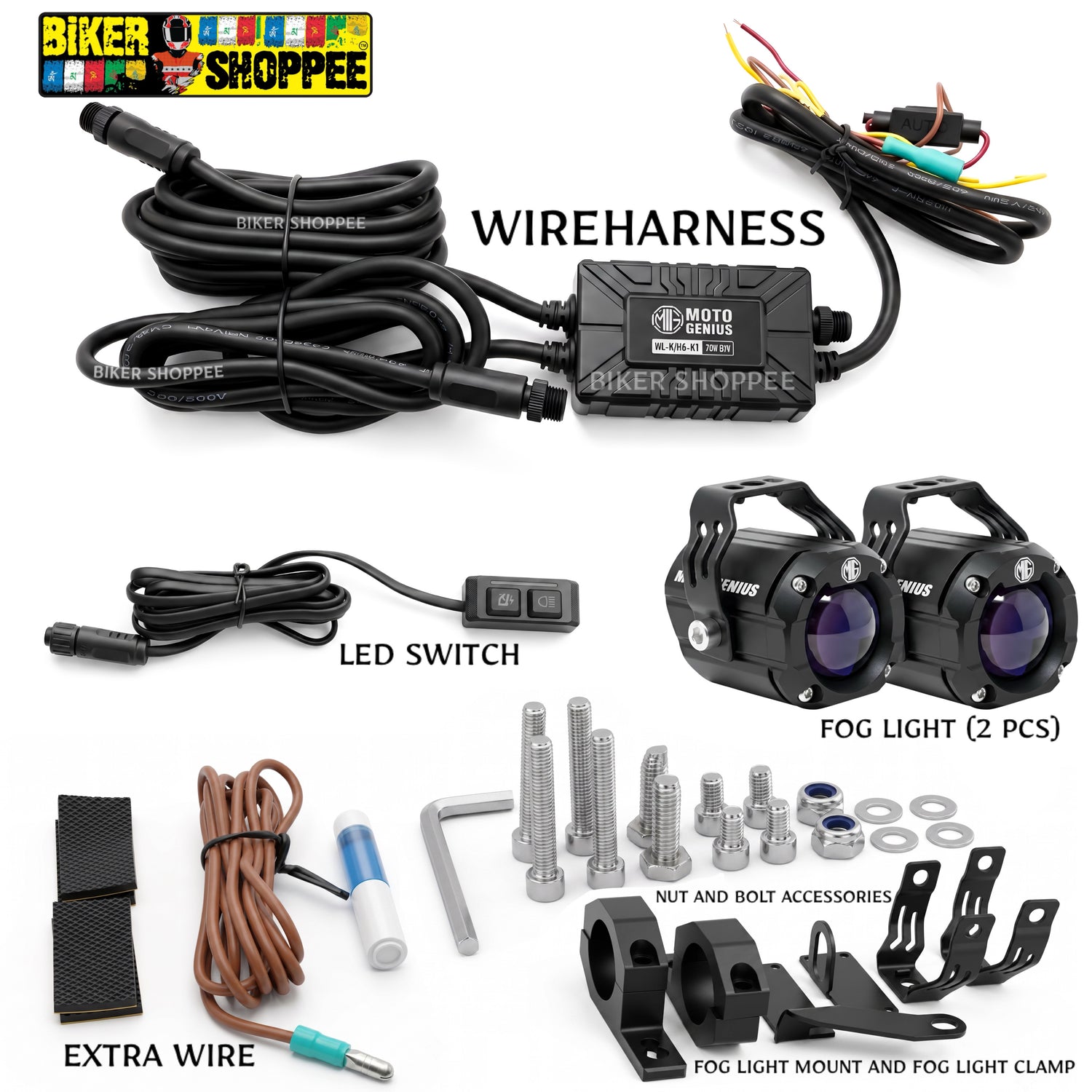 MOTO GENIUS VK-MINI-S7 (70W) LED FOG LIGHT WITH WIREHARNESS KIT BLUE SHADOW | BIKER SHOPPEE