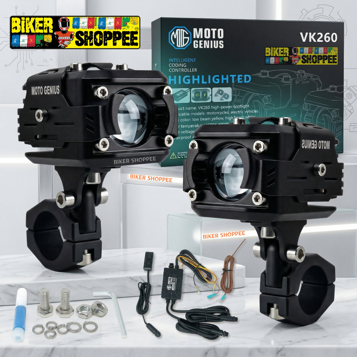 MOTO GENIUS VK260 70W WHITE & YELLOW LED AUXILIARY FOG LIGHT WITH WIRING HARNESS & SWITCH | BIKER SHOPPEE