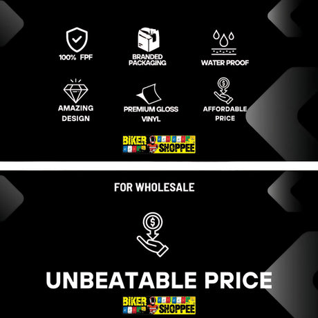 Promotional graphic for Biker Shoppee with icons and text about product features and wholesale offer.