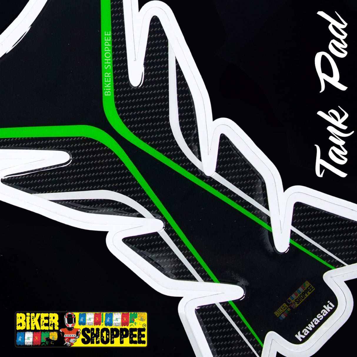 Universal motorcycle tank pad black and green honeycomb texture gel sticker with Biker Shoppee branding