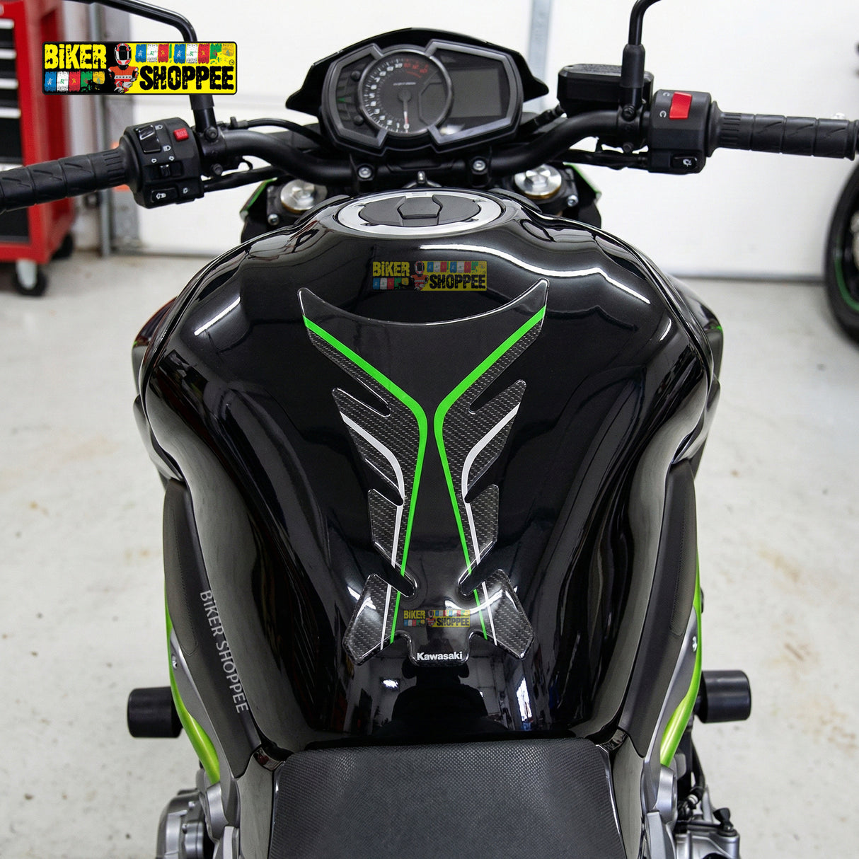 Universal motorcycle tank pad black and green honeycomb texture gel sticker with Biker Shoppee branding