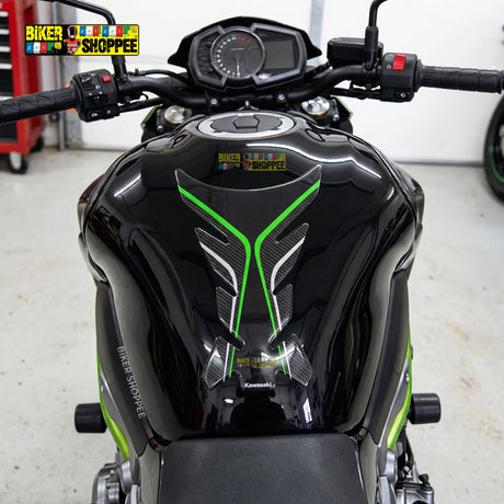 Universal motorcycle tank pad black and green honeycomb texture gel sticker with Biker Shoppee branding