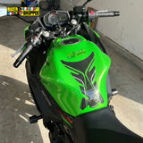 Universal motorcycle tank pad black and green honeycomb texture gel sticker with Biker Shoppee branding