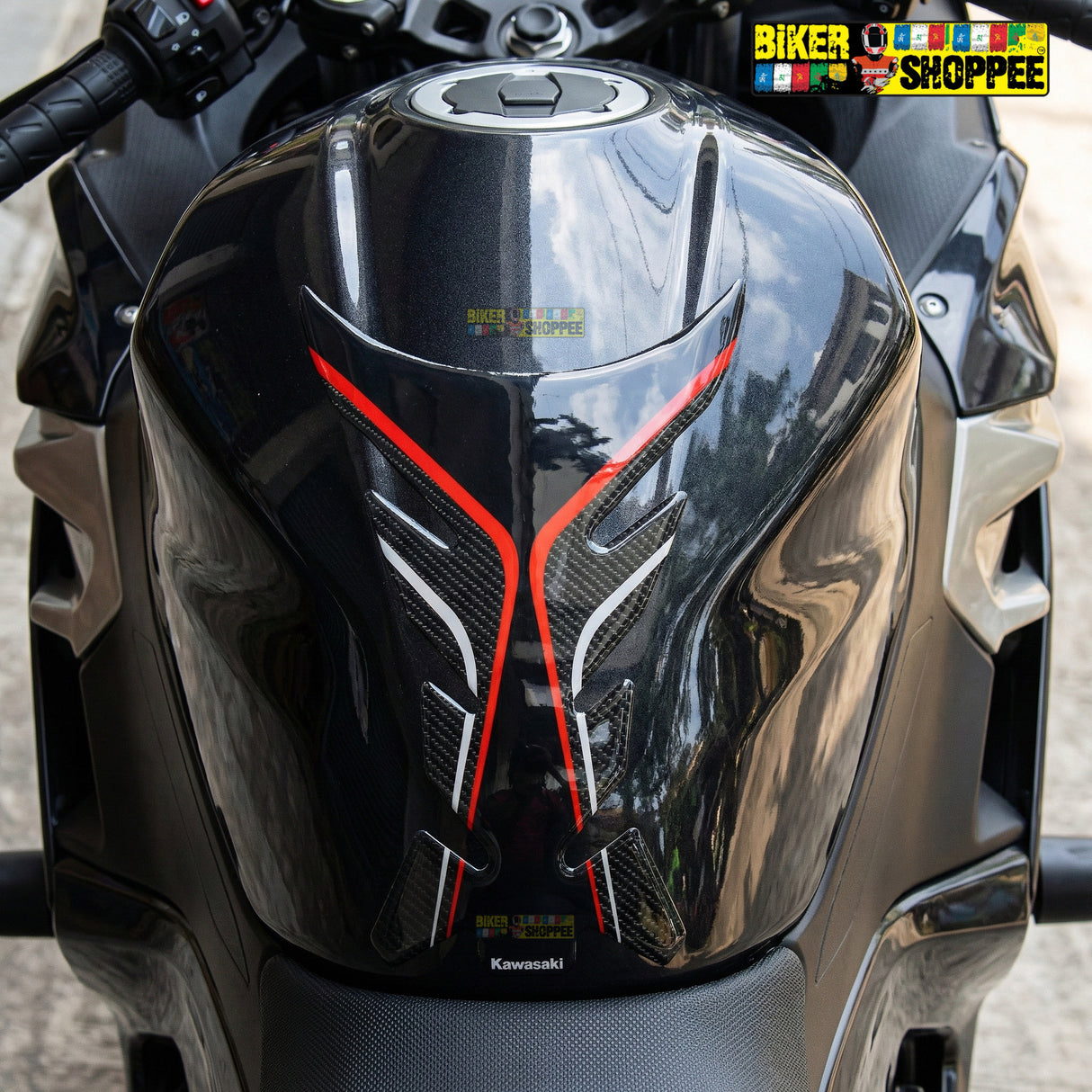 Racing carbon fiber motorcycle tank pad with red outline for Kawasaki Ninja, DUCATI and Yamaha R1 sports bike fuel tank protection Biker Shoppee