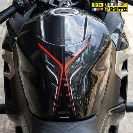 Racing carbon fiber motorcycle tank pad with red outline for Kawasaki Ninja, DUCATI and Yamaha R1 sports bike fuel tank protection Biker Shoppee
