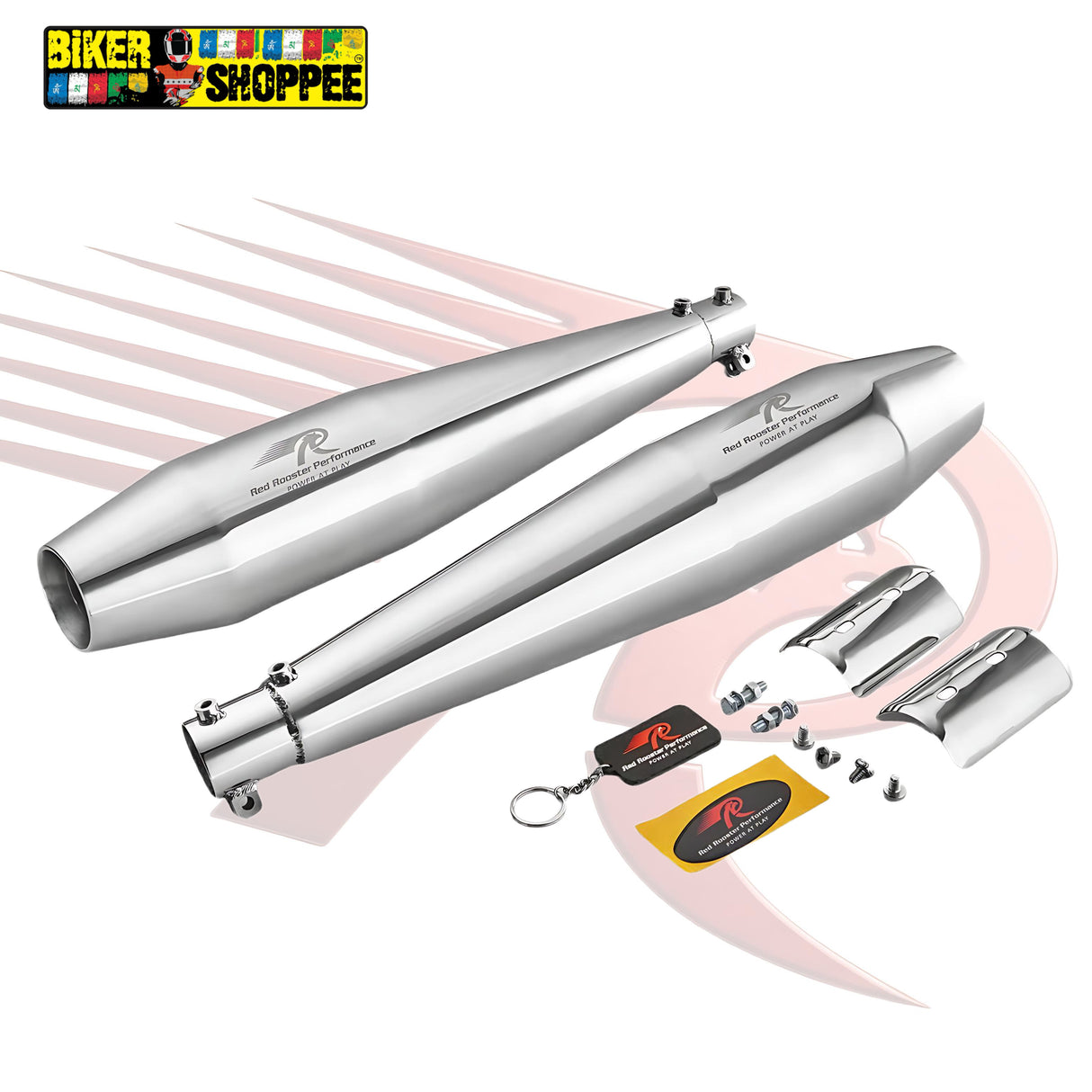 RED ROOSTER PERFORMANCE INTERCEPTOR STELLAR POLISH .. Motorcycle exhaust pipes with accessories on a white background, featuring the Biker Outfitters Shoppee logo.
