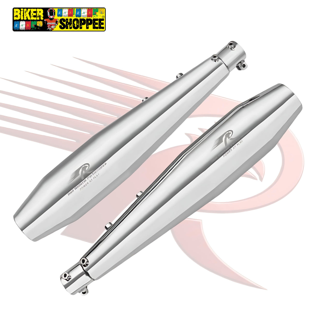 RED ROOSTER PERFORMANCE INTERCEPTOR STELLAR POLISH .. Chrome motorcycle exhaust pipes with a decorative background