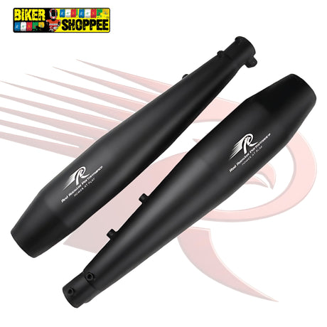 Red Rooster Performance Exhaust for Royal Enfield Interceptor 650 Black .. Black motorcycle exhaust pipes with a brand logo on a white background