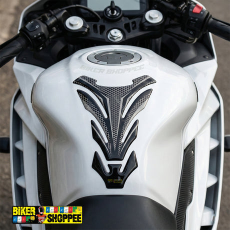 Carbon fiber racing motorcycle tank pad with white outline for Kawasaki Ninja and Yamaha R1 sports bike fuel tank protection