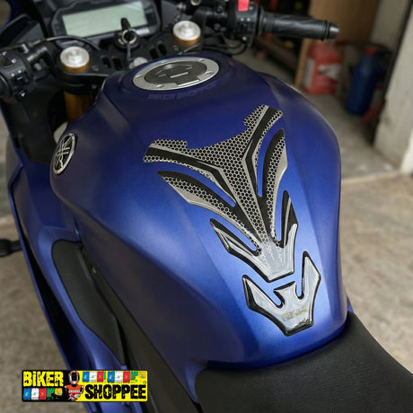 Carbon fiber racing motorcycle tank pad with white outline for Kawasaki Ninja and Yamaha R1 sports bike fuel tank protection