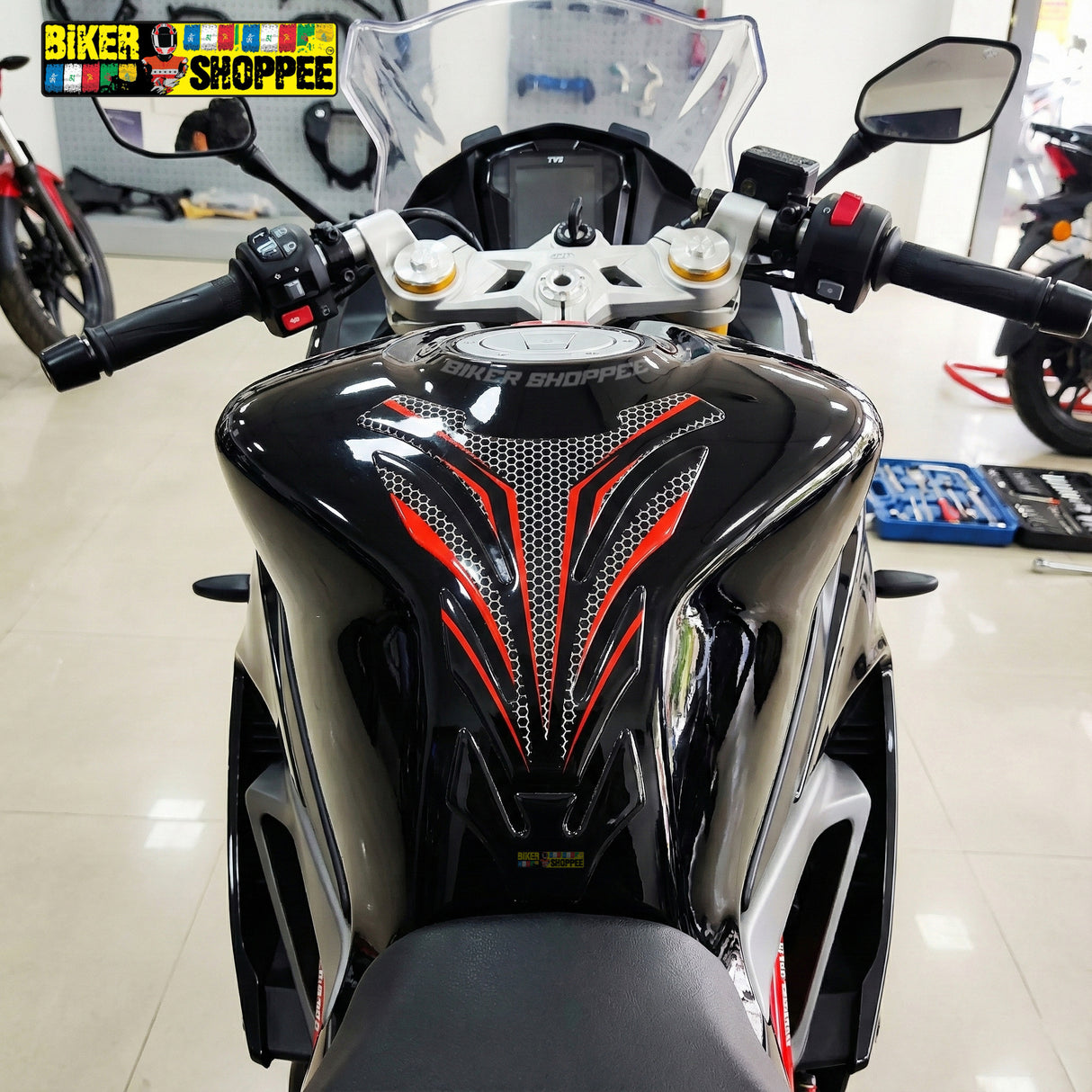 Racing carbon fiber motorcycle tank pad with red outline for Kawasaki Ninja, DUCATI and Yamaha R1 sports bike fuel tank protection Biker Shoppee