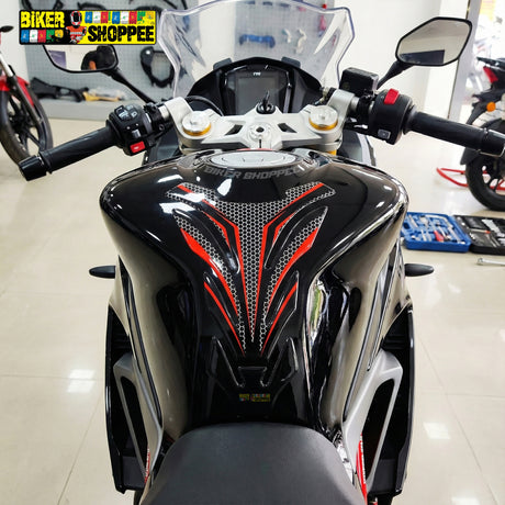 Racing carbon fiber motorcycle tank pad with red outline for Kawasaki Ninja, DUCATI and Yamaha R1 sports bike fuel tank protection Biker Shoppee