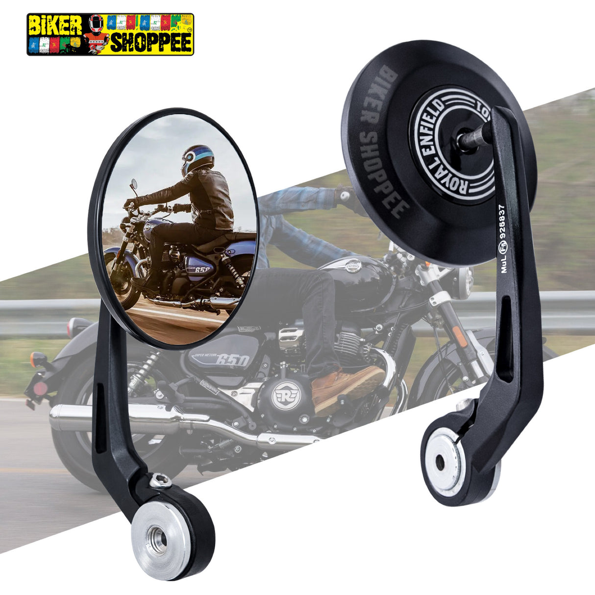Royal Enfield premium New Black Round Bar End Mirror For Guerrilla 450 & Continental GT 650, Interceptor 650, Bear 650, Classic 650, Super Meteor 650,Classic 350, Hunter 350, Meteor 350, Goan Classic 350
