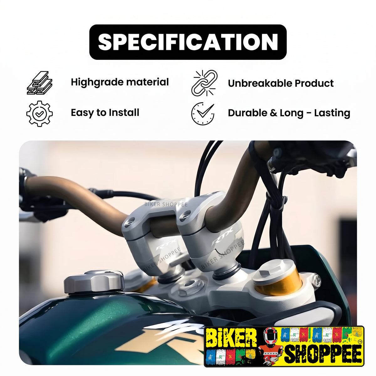 TVS APACHE RTX 300 CNC ALUMINIUM HANDLEBAR RISER SILVER | BIKER SHOPPEE