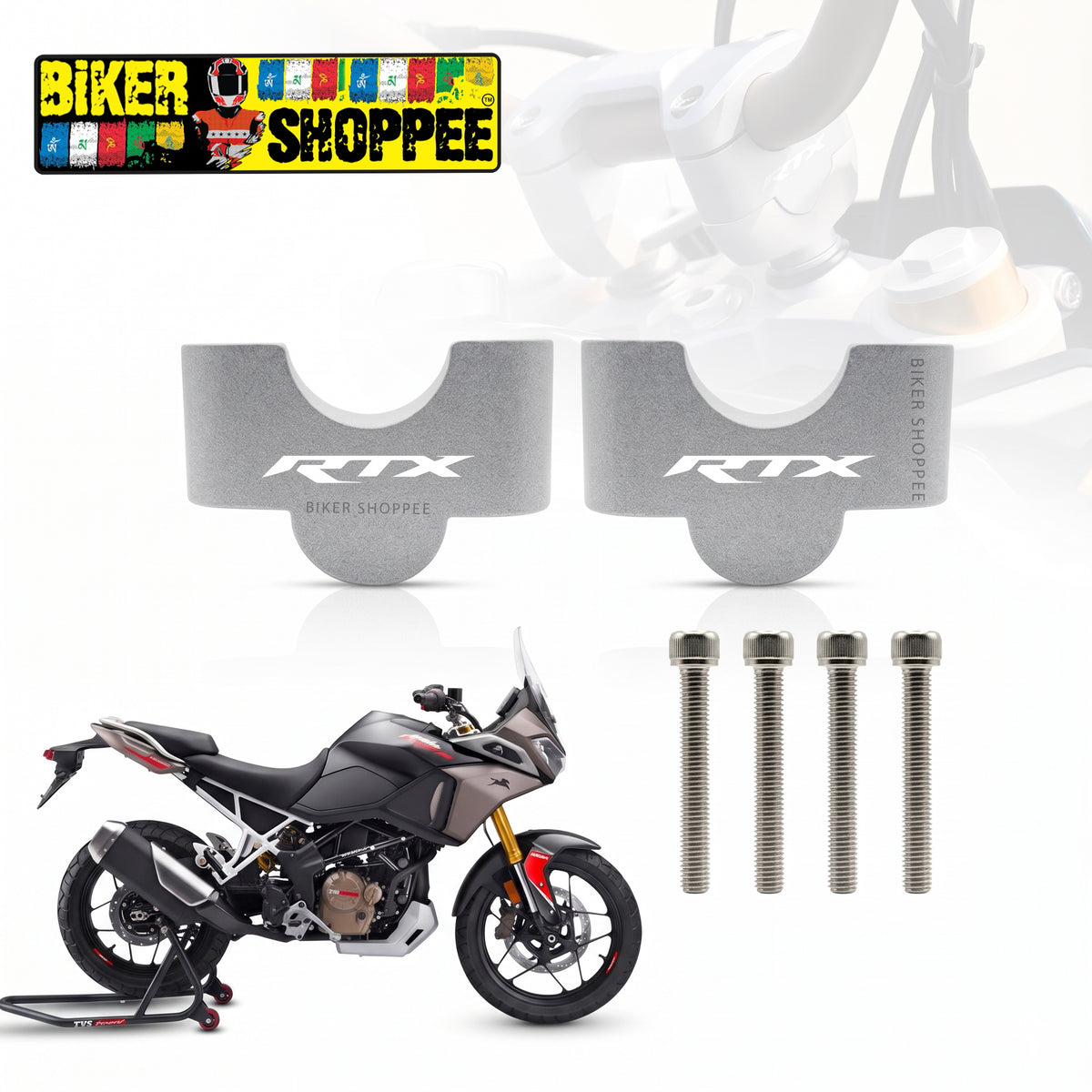 TVS APACHE RTX 300 CNC ALUMINIUM HANDLEBAR RISER SILVER | BIKER SHOPPEE