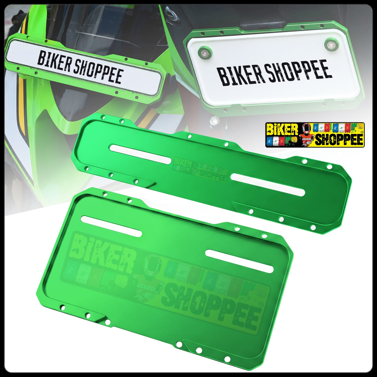 UNIVERSAL CNC MOTORCYCLE NUMBER PLATE FRAME GREEN FRONT AND REAR | BIKER SHOPPEE