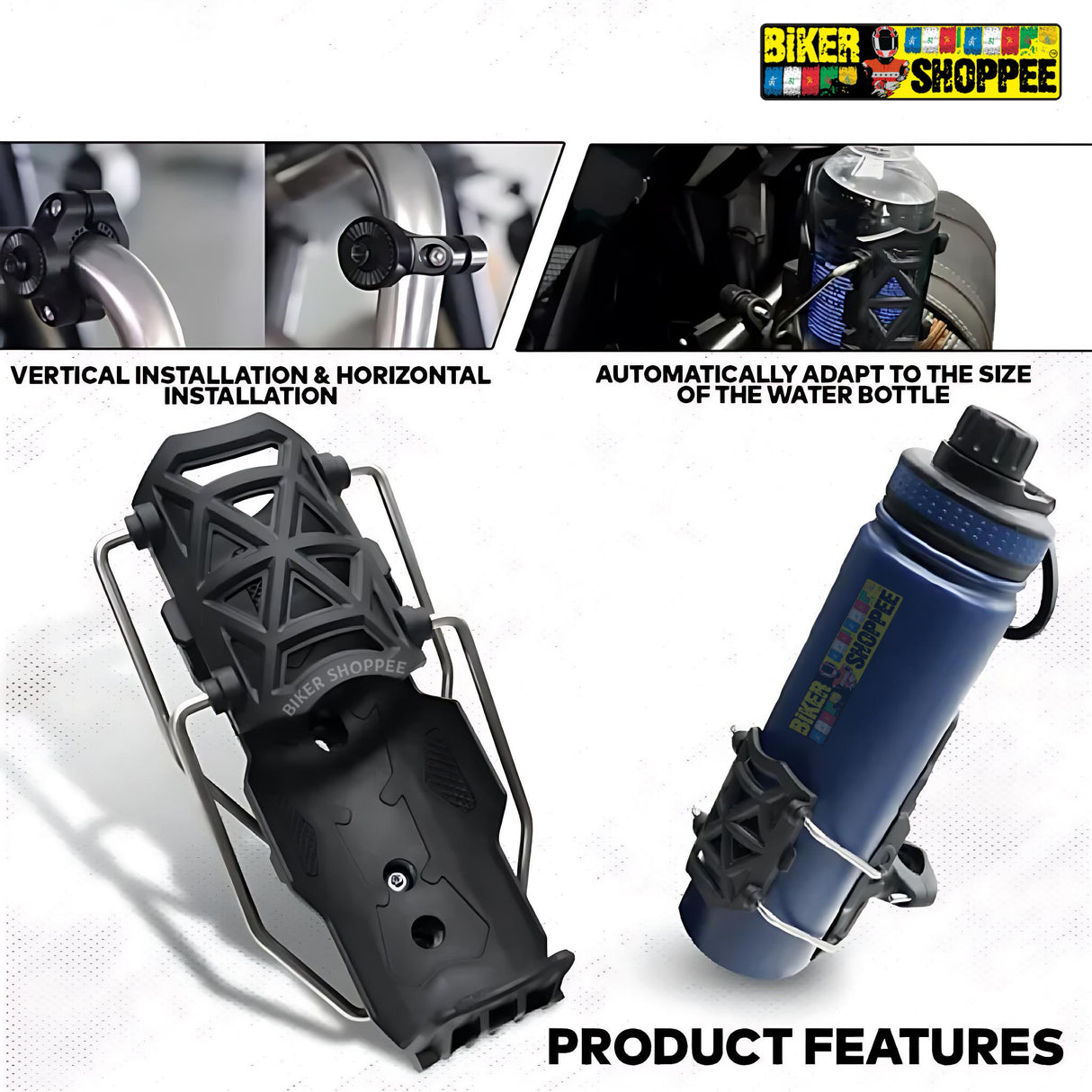 Universal adjustable motorcycle bottle holder black ABS plastic handlebar mount for sports bikes and naked bikes Biker Shoppee