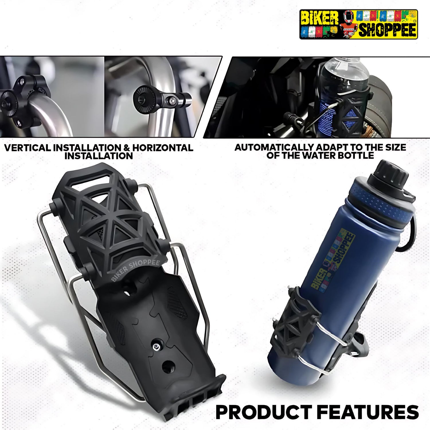 Universal adjustable motorcycle bottle holder black ABS plastic handlebar mount for sports bikes and naked bikes Biker Shoppee