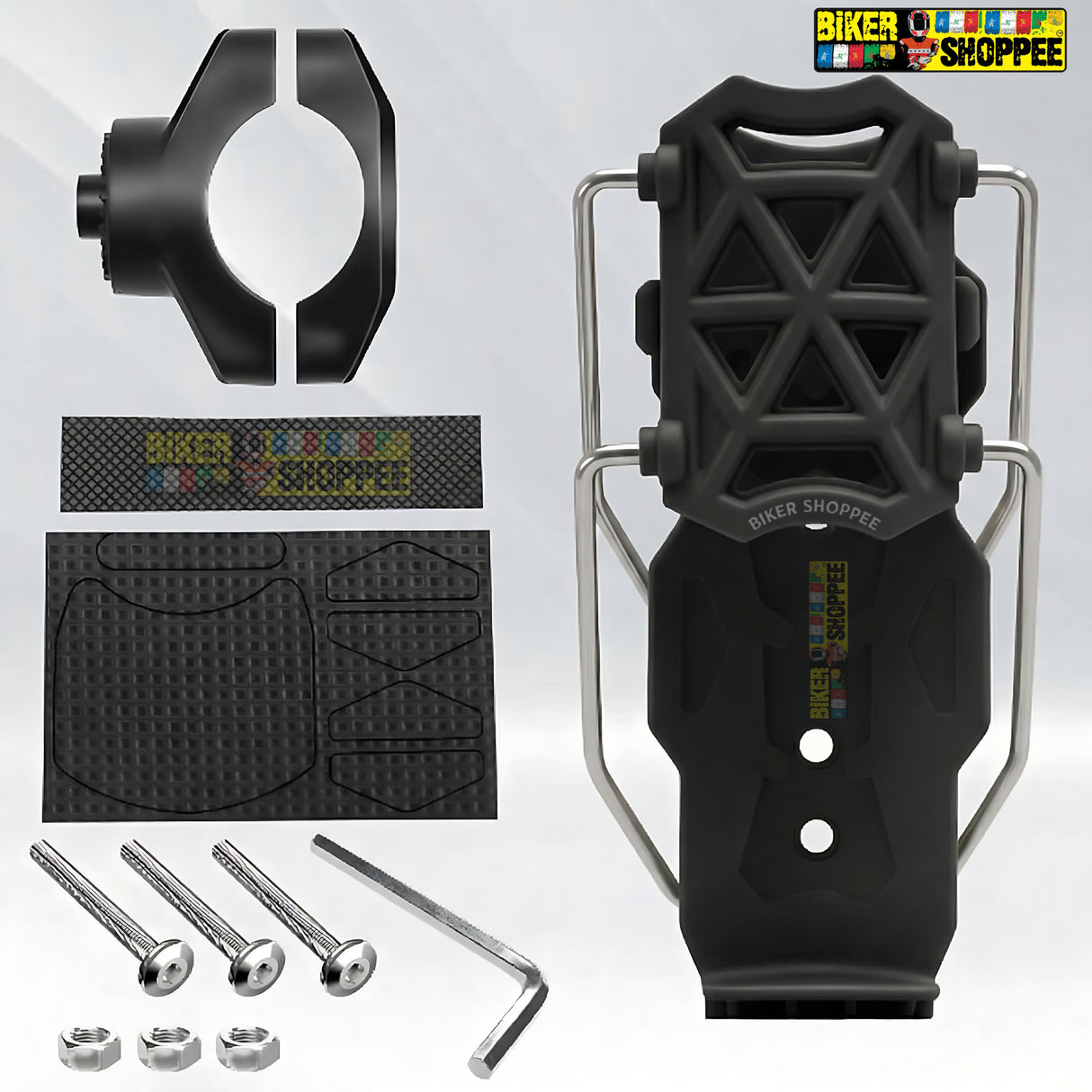 Universal adjustable motorcycle bottle holder black ABS plastic handlebar mount for sports bikes and naked bikes Biker Shoppee
