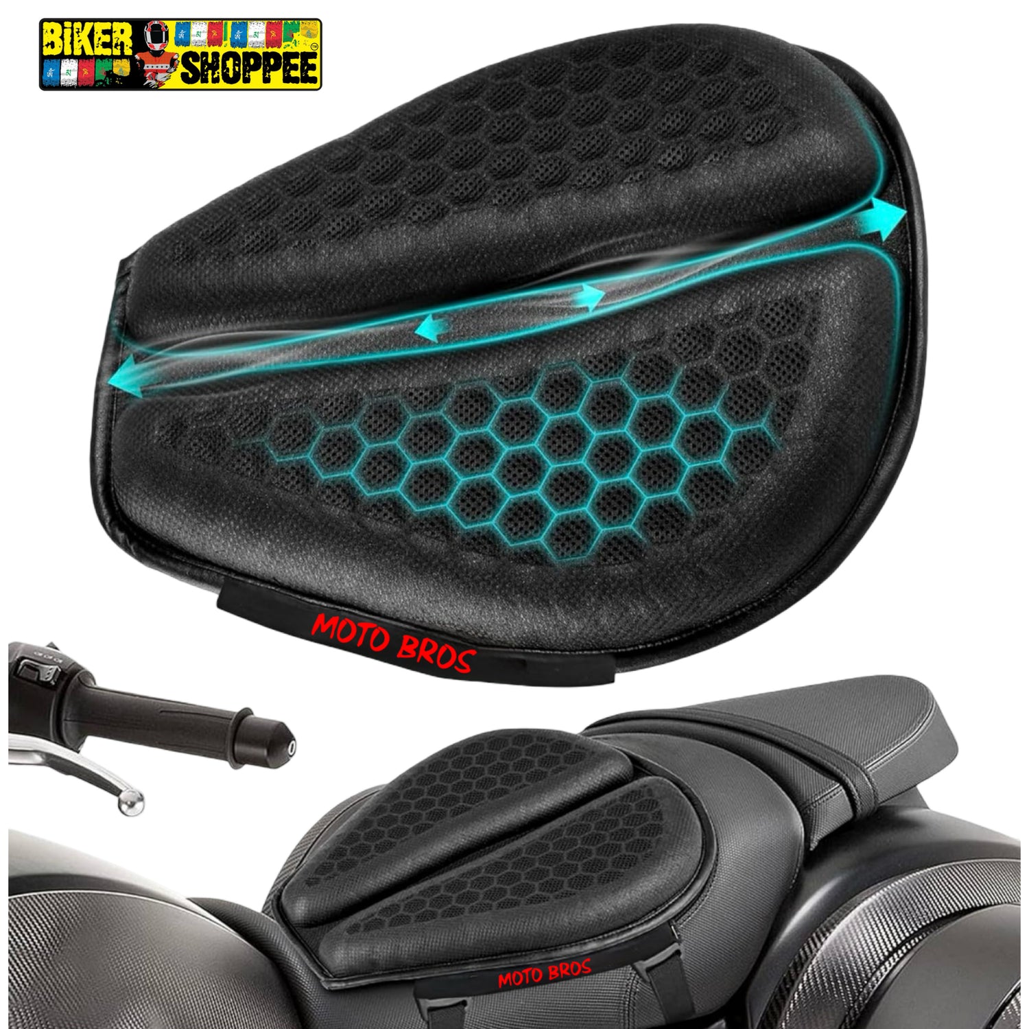 Moto Bros universal 3D honeycomb shock absorbing gel seat cushion pad for motorcycle touring and back pain relief original Biker Shoppee