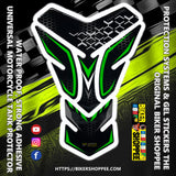 Universal motorcycle tank pad black and green honeycomb texture gel sticker with Biker Shoppee branding