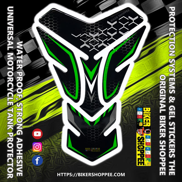 Universal motorcycle tank pad black and green honeycomb texture gel sticker with Biker Shoppee branding