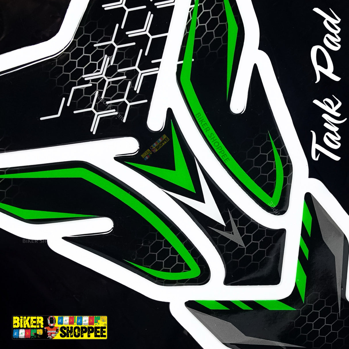 Universal motorcycle tank pad black and green honeycomb texture gel sticker with Biker Shoppee branding