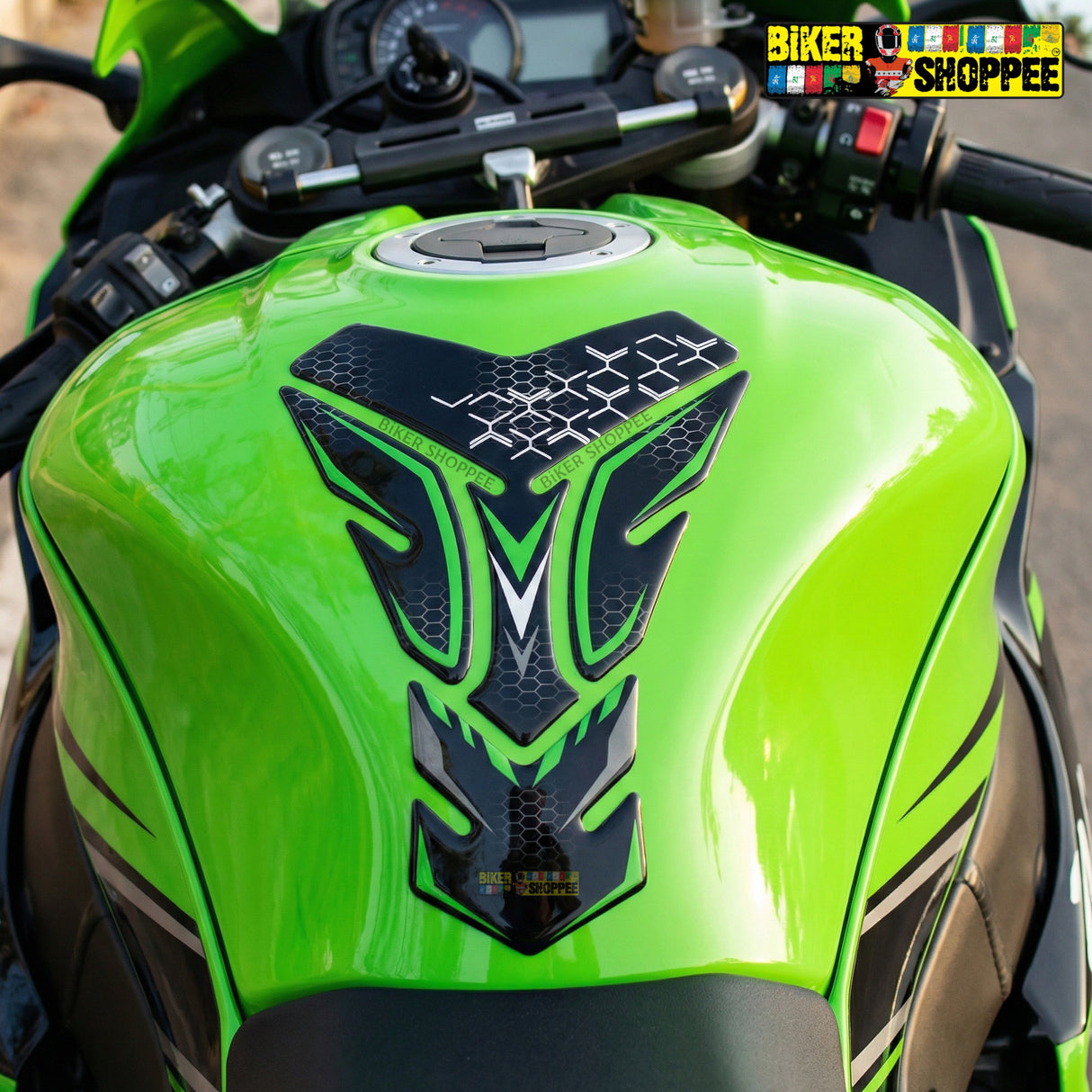 Universal motorcycle tank pad black and green honeycomb texture gel sticker with Biker Shoppee branding