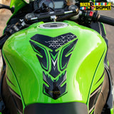 Universal motorcycle tank pad black and green honeycomb texture gel sticker with Biker Shoppee branding