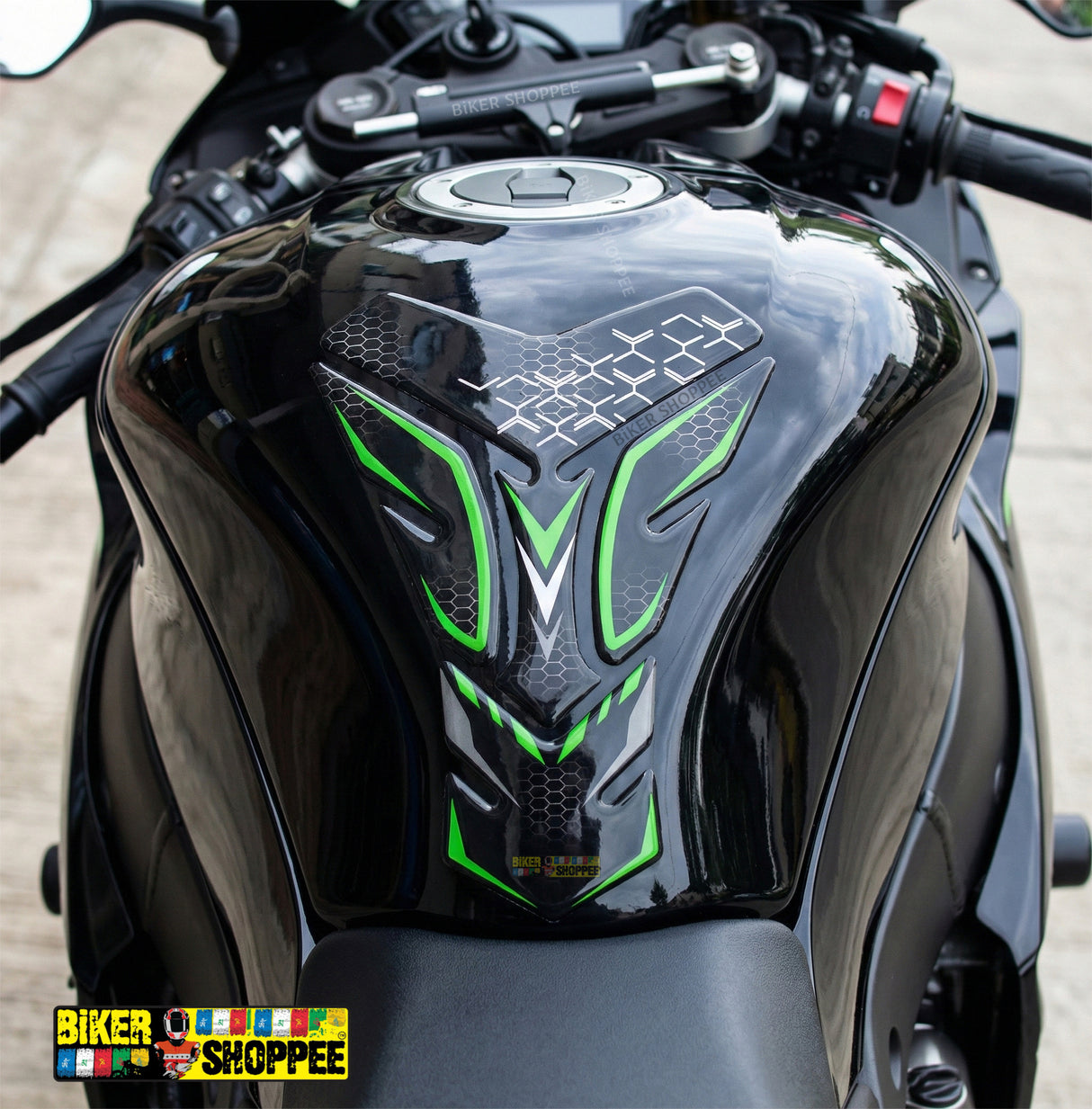 Universal motorcycle tank pad black and green honeycomb texture gel sticker with Biker Shoppee branding