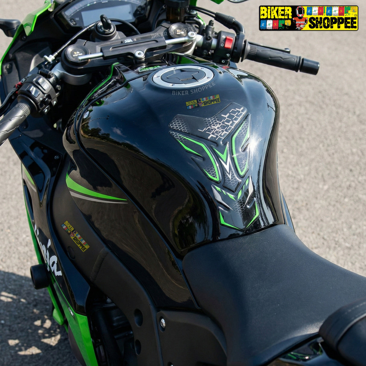Universal motorcycle tank pad black and green honeycomb texture gel sticker with Biker Shoppee branding