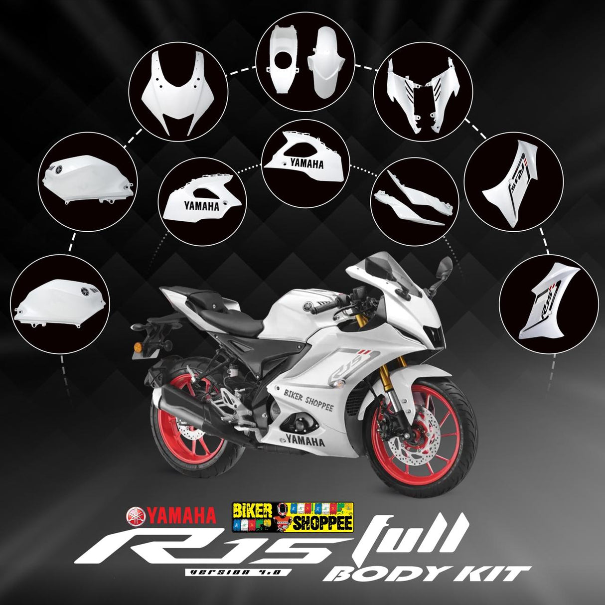 Yamaha R15 V4 full body kit white color complete fairing set with tank and side panels Biker Shoppee