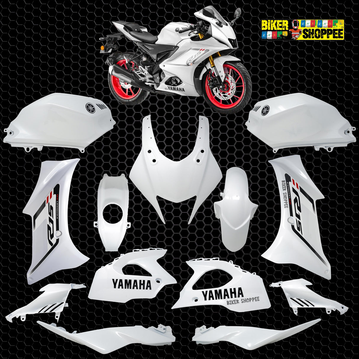 Yamaha R15 V4 full body kit white color complete fairing set with tank and side panels Biker Shoppee