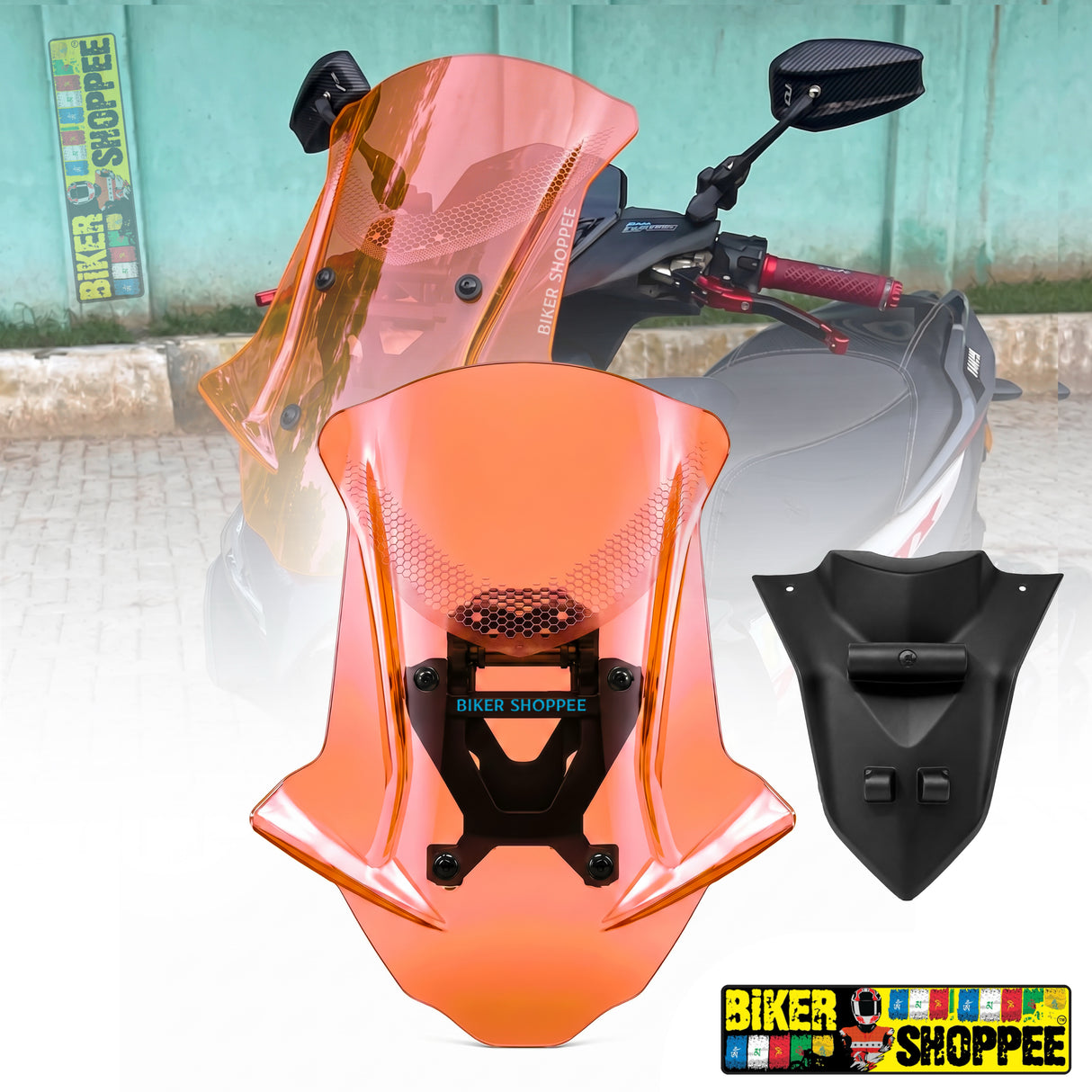 Yamaha Aerox 155 style universal touring visor windshield with honeycomb graphics and mounting bracket original Biker Shoppee