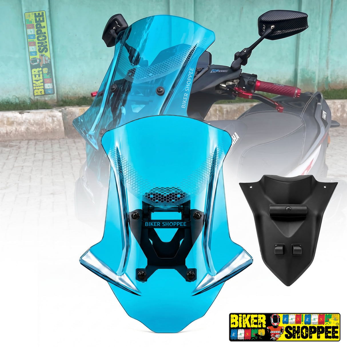 Yamaha Aerox 155 style touring visor windshield with honeycomb graphics and mounting bracket original Biker Shoppee