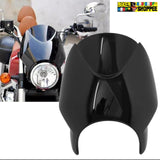 Gloss black Harley style headlight visor fairing installed on Royal Enfield Meteor 350 and Super Meteor 650 front view