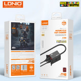 LDNIO 60W motorcycle fast charger with PD and QC3.0 ports and waterproof cover mounted on handlebar