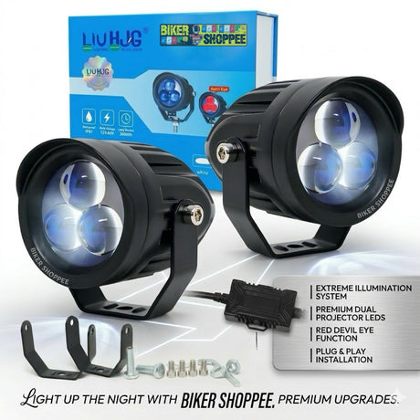 LIU HJG 3 LED trident projector fog light white yellow beam with red devil eye anti glare visor and external driver original Biker Shoppee