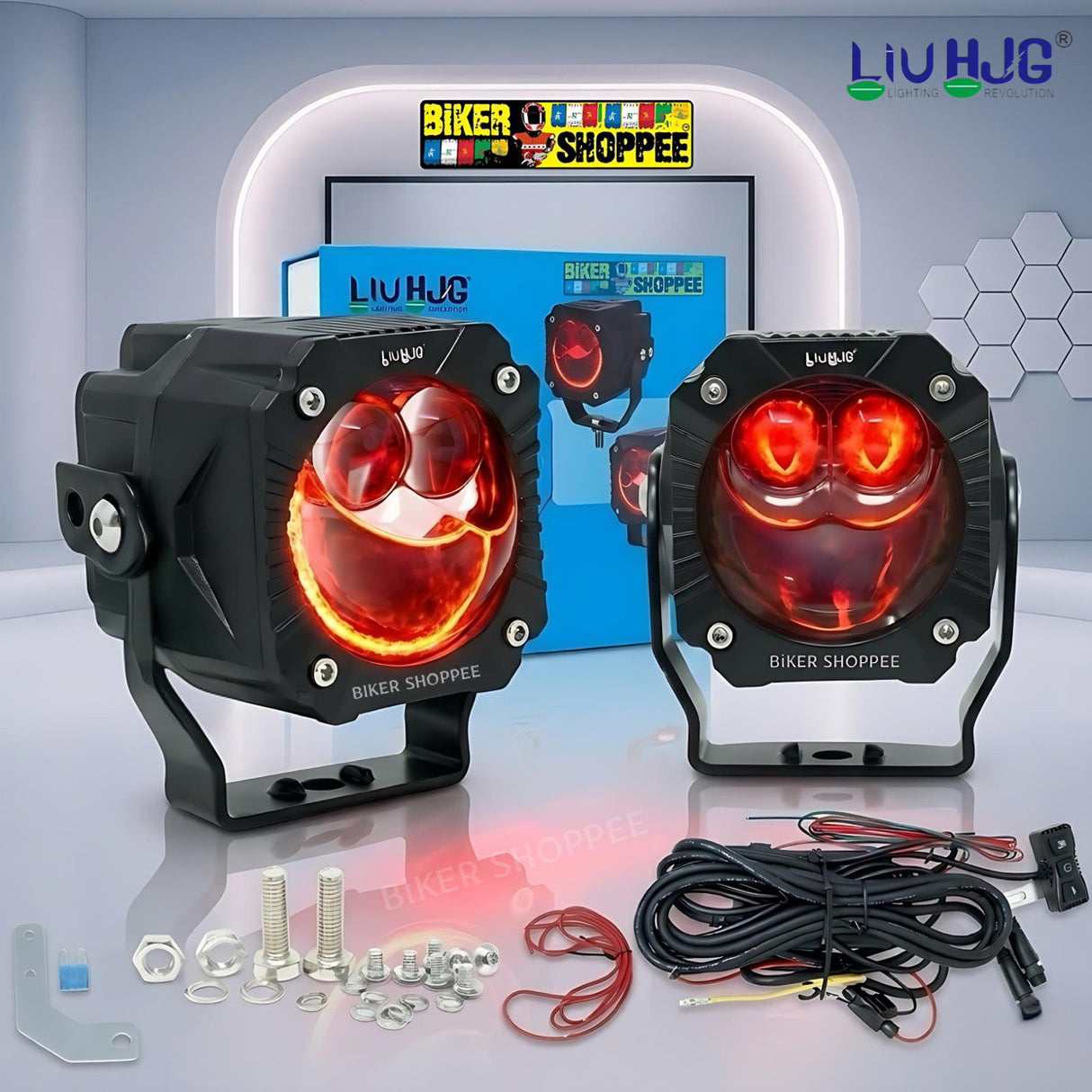 LIU HJG Gorilla Pro P108 120W dual laser motorcycle fog light kit with red devil eye face and wiring harness switch original Biker Shoppee
