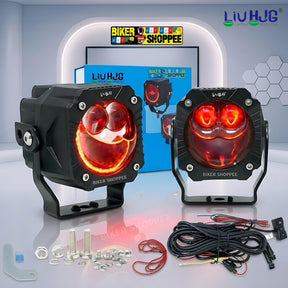LIU HJG Gorilla Pro P108 120W dual laser motorcycle fog light kit with red devil eye face and wiring harness switch original Biker Shoppee