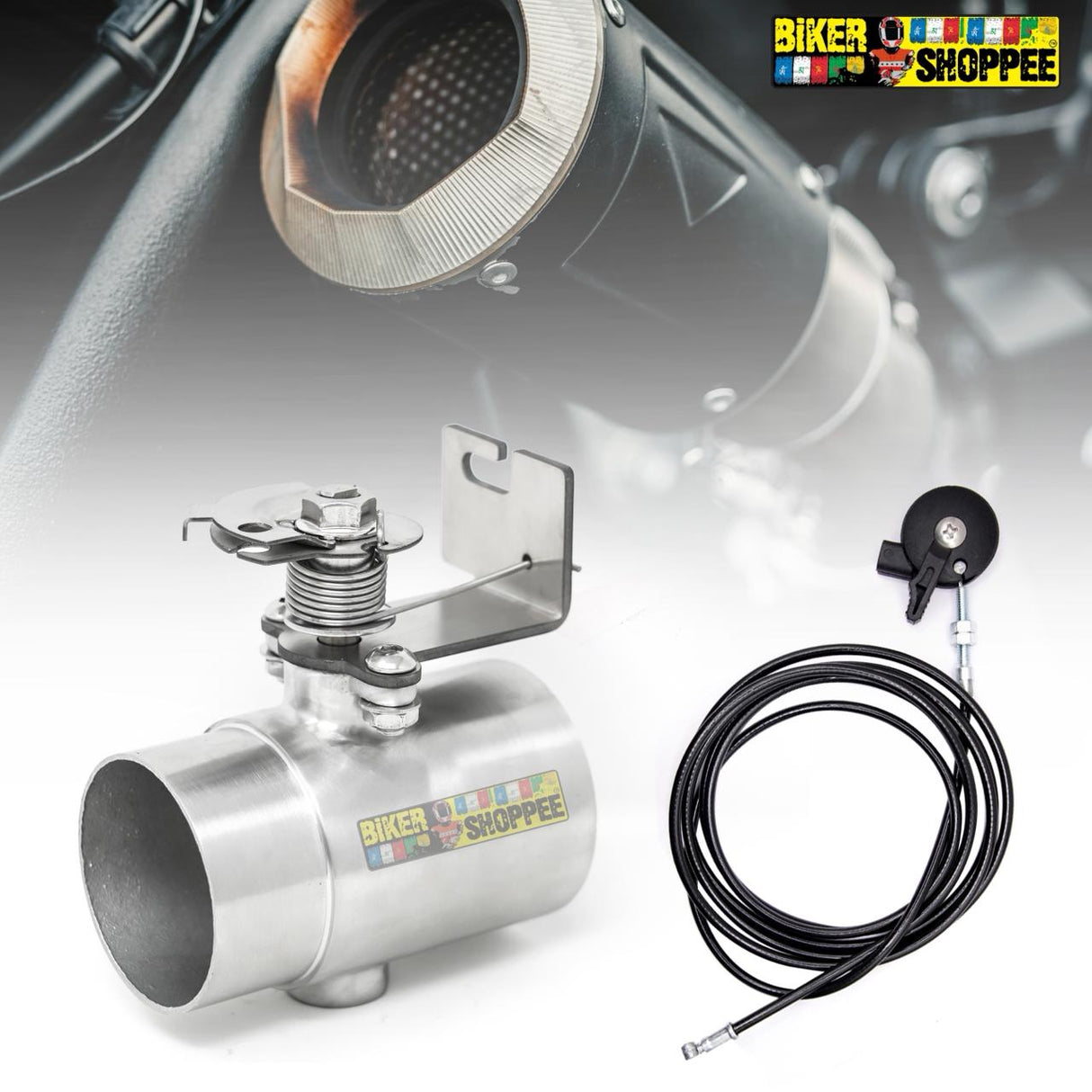 Manual cable operated valvetronic exhaust cutout valve stainless steel with thumb lever and Biker Shoppee logo