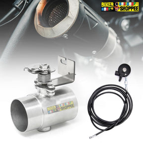 Manual cable operated valvetronic exhaust cutout valve stainless steel with thumb lever and Biker Shoppee logo